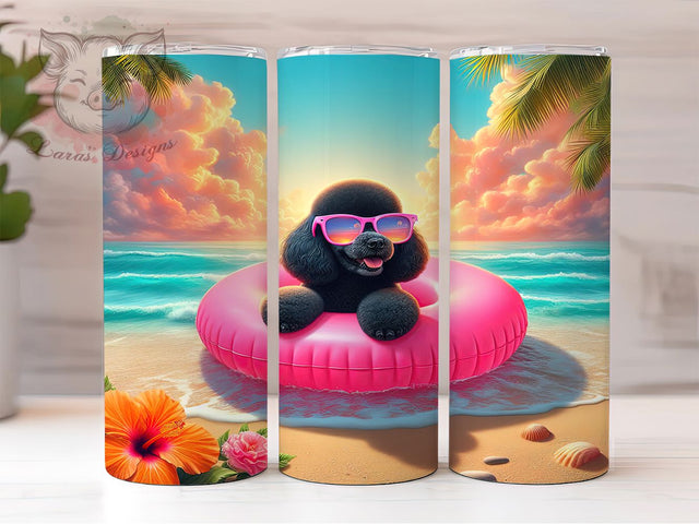 Black Poodle Beach Tumbler, Dog Lover, Beach Theme, Whimsical Art, Playful Design, 20Oz Tumbler, Sublimation Wrap Sublimation Lara' s Designs 