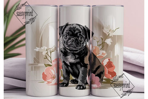 Black Pug & Flowers 20oz Tumbler Wrap Sublimation sassyprint 
