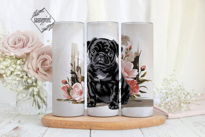 Black Pug & Flowers 20oz Tumbler Wrap Sublimation sassyprint 
