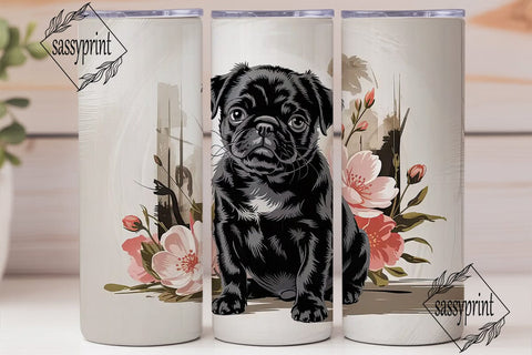 Black Pug & Flowers 20oz Tumbler Wrap Sublimation sassyprint 