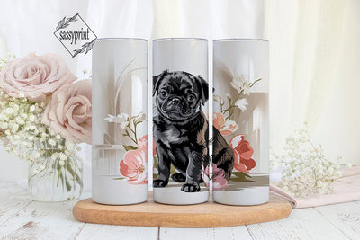 Black Pug & Flowers 20oz Tumbler Wrap Sublimation sassyprint 