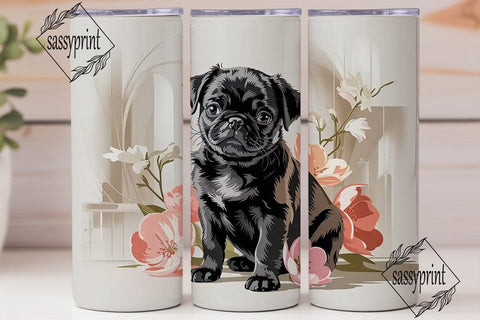 Black Pug & Flowers 20oz Tumbler Wrap Sublimation sassyprint 