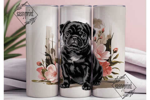 Black Pug & Flowers 20oz Tumbler Wrap Sublimation sassyprint 