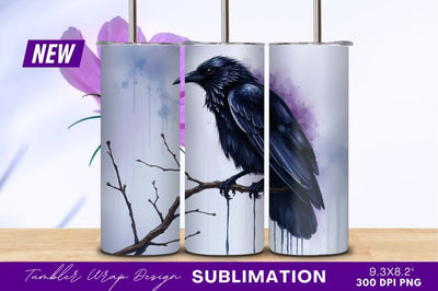 Black Raven Perched On Branch Tumbler Png Sublimation Regulrcrative 