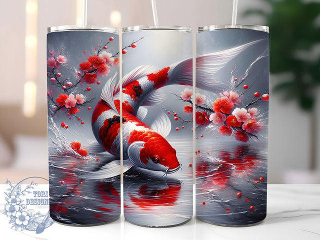 Black Red Koi Fish Tumbler Wrap, Japanese Tumbler Wrap, Black And Red Koi Design, 20oz Sublimation Wrap, Oriental Fish Art, Water Garden Tumbler, Asian Inspired Drinkware Sublimation ToriDesigns 