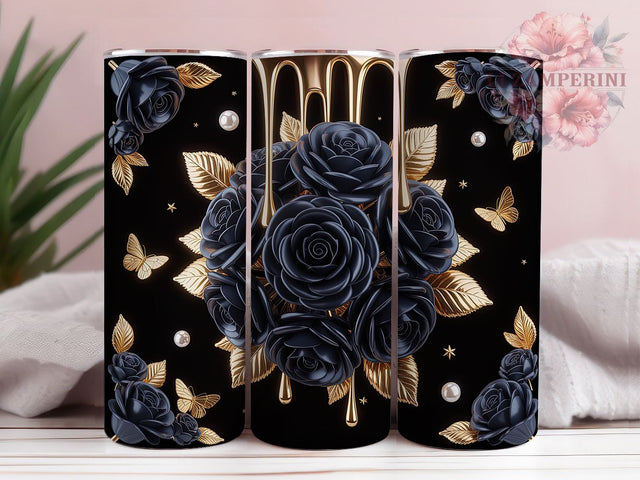 Black Rose Gold Gothic Elegance 20oz Tumbler, Dark Fantasy, Black Roses, Bouquet Design, Gothic Elegance, 20oz Tumbler Wrap, Sublimation PNG Sublimation Li Zamperini 