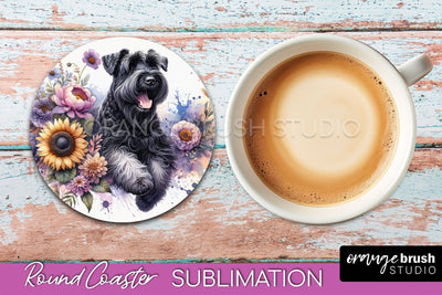 Black Russian Terrier Round Coaster - Dog Mom Floral Coaster Sublimation Sublimation OrangeBrushStudio 