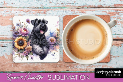 Black Russian Terrier Square Coaster - Dog Mom Floral Coaster Sublimation Sublimation OrangeBrushStudio 