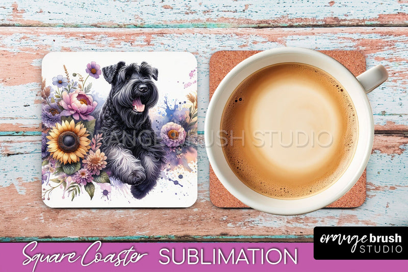 Black Russian Terrier Square Coaster - Dog Mom Floral Coaster Sublimation Sublimation OrangeBrushStudio 