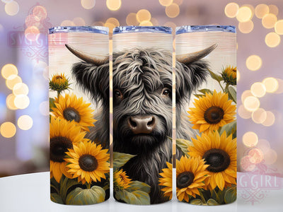 Black Sunflower Highland Cow Tumbler Wrap, Sunflower Cow Wrap, 20Oz Sublimation Design, Floral Cow Cup, Rustic Farm Drinkware, Highland Cow With Sunflowers, Country Cow Mug Design Sublimation SvggirlplusArt 