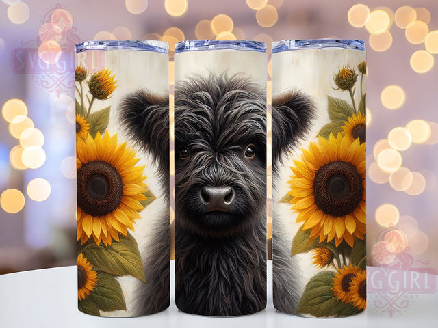 Black Sunflower Highland Cow Tumbler Wrap, Sunflower Cow Wrap, 20Oz Sublimation Design, Floral Cow Cup, Rustic Farm Drinkware, Highland Cow With Sunflowers, Country Cow Mug Design Sublimation SvggirlplusArt 