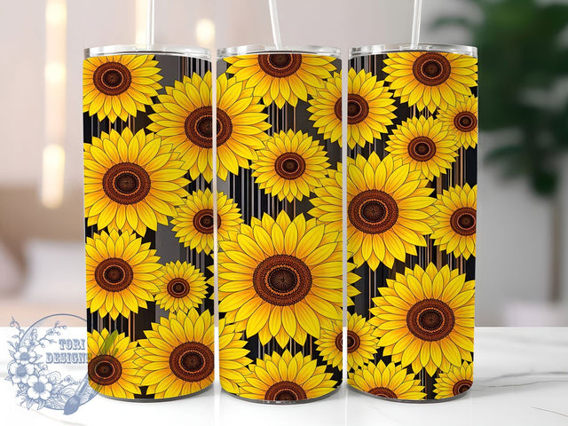 Black Sunflower Vertical Glow 20oz Tumbler, Black Theme, Sunflower Motif, Vertical Pattern, Glow Effect, Bold Charm, Skinny Tumbler, Sublimation PNG Sublimation ToriDesigns 