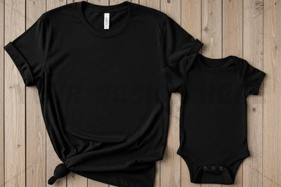 Black t-shirt and onesie set Mock Up Photo Regulrcrative 