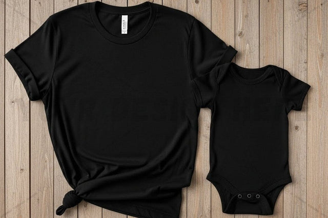 Black t-shirt and onesie set Mock Up Photo Regulrcrative 