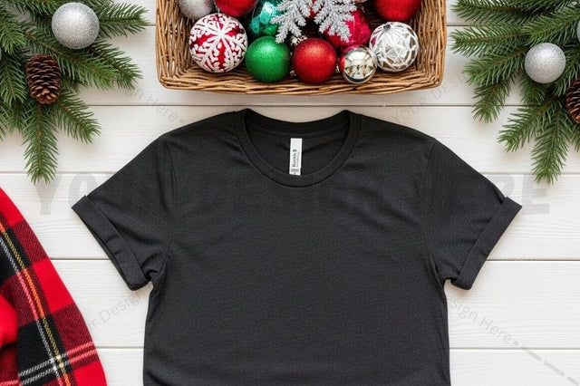 Black t-shirt mockup with christmas decorations Mock Up Photo Designangry 