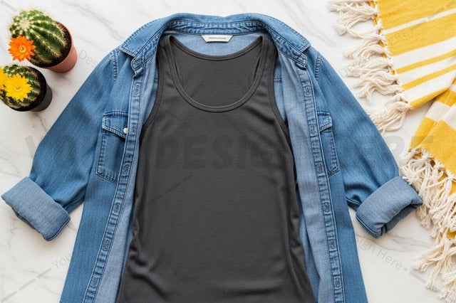 Black t-shirt mockup with denim shirt Mock Up Photo Regulrcrative 