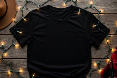 Black t-shirt mockup with holiday lights Mock Up Photo Designangry 