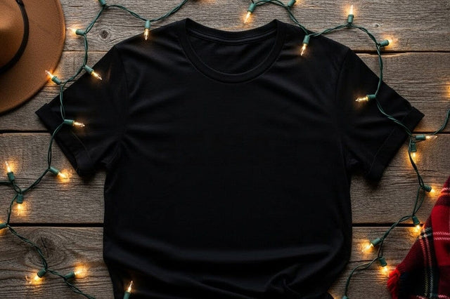 Black t-shirt mockup with holiday lights Mock Up Photo Designangry 