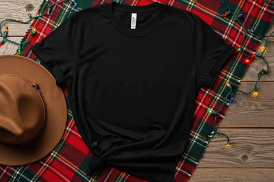 Black t-shirt on plaid blanket with hat and lights Mock Up Photo Designangry 