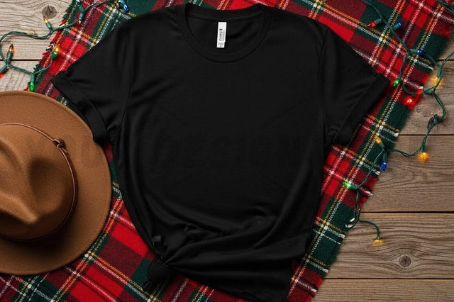 Black t-shirt on plaid blanket with hat and lights Mock Up Photo Designangry 