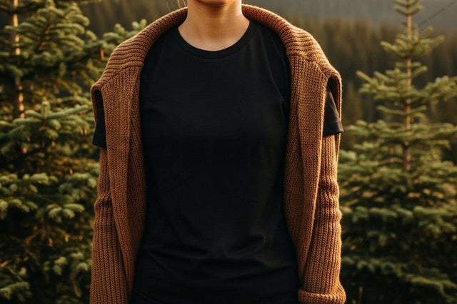 Black t-shirt with brown cardigan outdoor design Mock Up Photo Designangry 