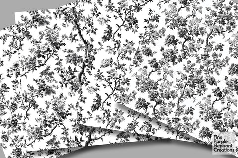 Black Toile Elegance Digital Paper - Delicate Flower Garden Chinoiserie Digital Pattern Fine Purple Elephant Creations 