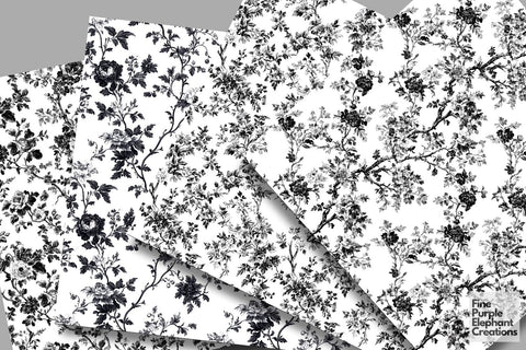 Black Toile Elegance Digital Paper - Delicate Flower Garden Chinoiserie Digital Pattern Fine Purple Elephant Creations 