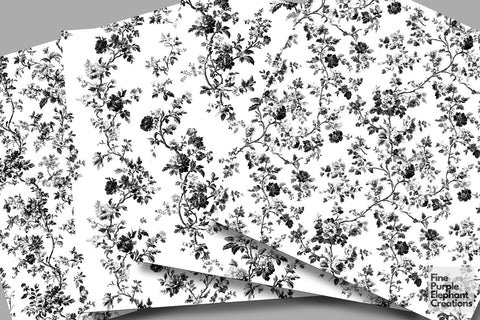 Black Toile Elegance Digital Paper - Delicate Flower Garden Chinoiserie Digital Pattern Fine Purple Elephant Creations 