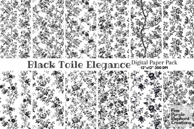 Black Toile Elegance Digital Paper - Delicate Flower Garden Chinoiserie Digital Pattern Fine Purple Elephant Creations 