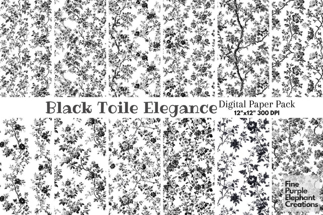 Black Toile Elegance Digital Paper - Delicate Flower Garden Chinoiserie Digital Pattern Fine Purple Elephant Creations 
