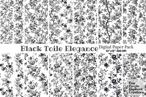 Black Toile Elegance Digital Paper - Delicate Flower Garden Chinoiserie Digital Pattern Fine Purple Elephant Creations 