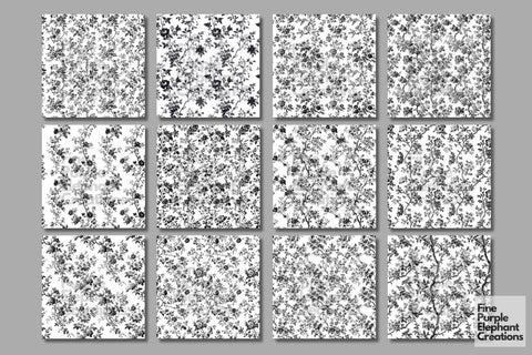 Black Toile Elegance Digital Paper - Delicate Flower Garden Chinoiserie Digital Pattern Fine Purple Elephant Creations 