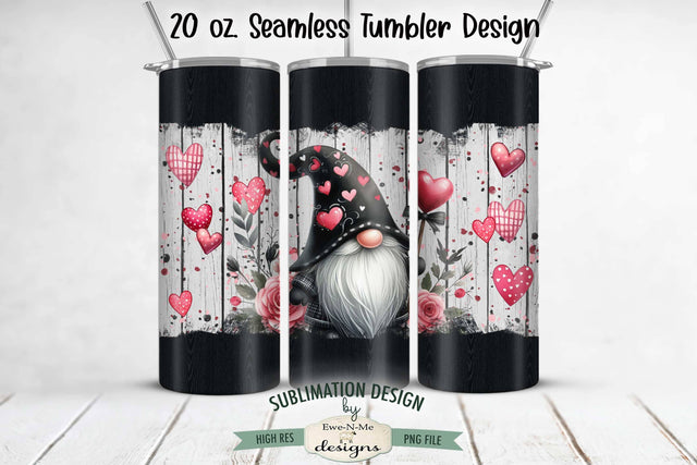 Black Valentine Gnome with Hearts 20 oz Seamless Tumbler Wrap Design Sublimation Ewe-N-Me Designs 
