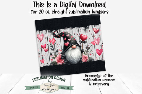 Black Valentine Gnome with Hearts 20 oz Seamless Tumbler Wrap Design Sublimation Ewe-N-Me Designs 