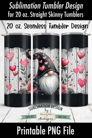 Black Valentine Gnome with Hearts 20 oz Seamless Tumbler Wrap Design Sublimation Ewe-N-Me Designs 
