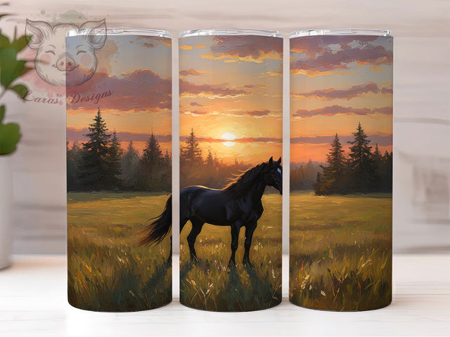 Black Western Horse Tumbler, Western Horse Wrap, 20Oz Skinny Tumbler, Elegant Equine Sublimation, Rustic Farm Design, Country Rider Tumbler, Nature-Inspired Wrap Sublimation Lara' s Designs 