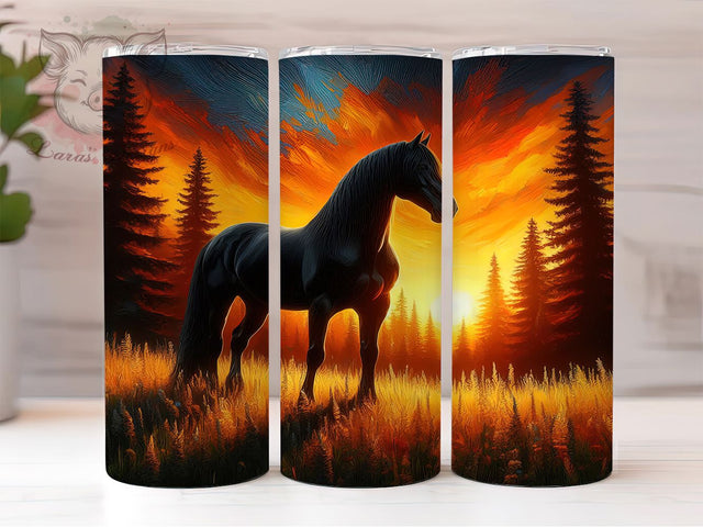 Black Western Horse Tumbler, Western Horse Wrap, 20Oz Skinny Tumbler, Elegant Equine Sublimation, Rustic Farm Design, Country Rider Tumbler, Nature-Inspired Wrap Sublimation Lara' s Designs 