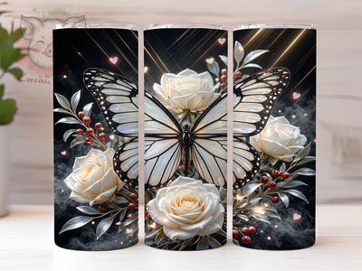 Black White Butterfly Red Hearts 20oz Tumbler, Black White Contrast, Butterfly Motif, Red Heart Design, Romantic Theme, Sublimation Wrap, 20oz Tumbler, Elegant Charm Sublimation Lara' s Designs 