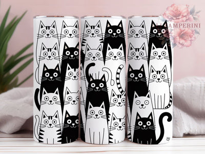 Black White Cat Doodle Tumbler, Cat Lovers, Black And White, Cute Kitten, Whimsical Art, 20Oz Tumbler, Sublimation Wrap Sublimation Li Zamperini 