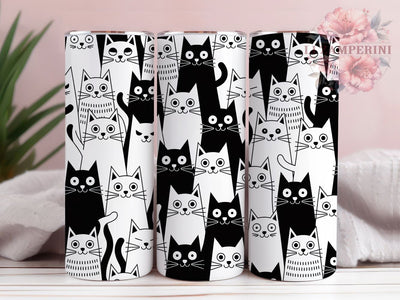 Black White Cat Doodle Tumbler, Cat Lovers, Black And White, Cute Kitten, Whimsical Art, 20Oz Tumbler, Sublimation Wrap Sublimation Li Zamperini 