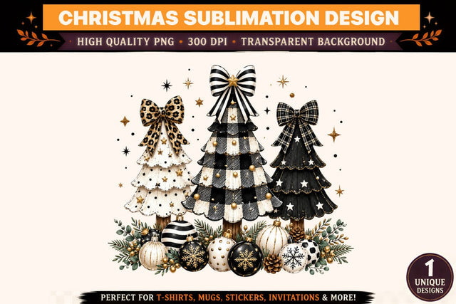 Black & White Christmas Trees PNG | Elegant Christmas Tree Sublimation Design | Buffalo Plaid Holiday PNG | Christmas Bow & Ornament Design | 300 DPI Sublimation BlackCatsMedia 