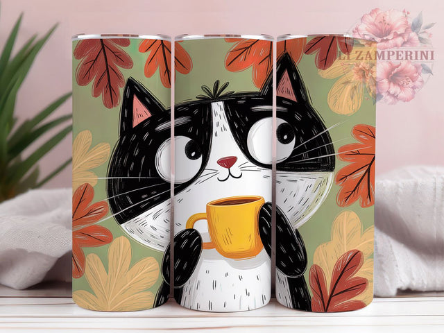 Black White Coffee Cat Tumbler Wrap, Coffee Cat Tumbler, Cute Cat Sublimation, Cat Lover Cup, Coffee Time Drinkware, Feline Coffee Mug, Monochrome Cat Digital Sublimation Li Zamperini 