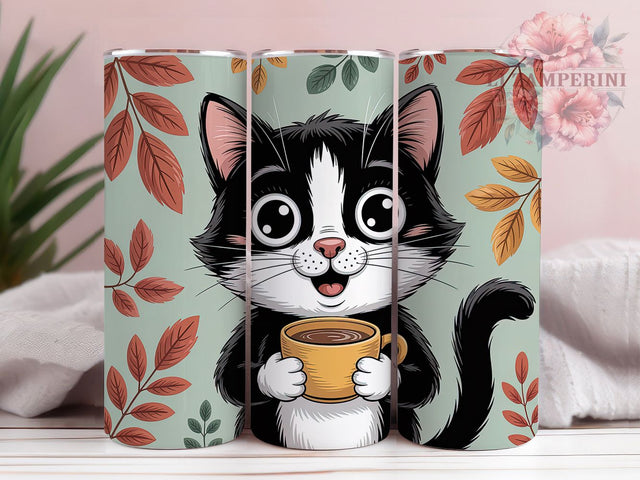 Black White Coffee Cat Tumbler Wrap, Coffee Cat Tumbler, Cute Cat Sublimation, Cat Lover Cup, Coffee Time Drinkware, Feline Coffee Mug, Monochrome Cat Digital Sublimation Li Zamperini 