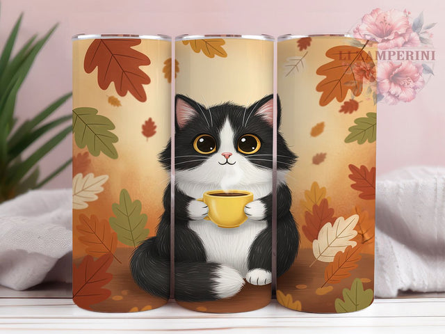 Black White Coffee Cat Tumbler Wrap, Coffee Cat Tumbler, Cute Cat Sublimation, Cat Lover Cup, Coffee Time Drinkware, Feline Coffee Mug, Monochrome Cat Digital Sublimation Li Zamperini 