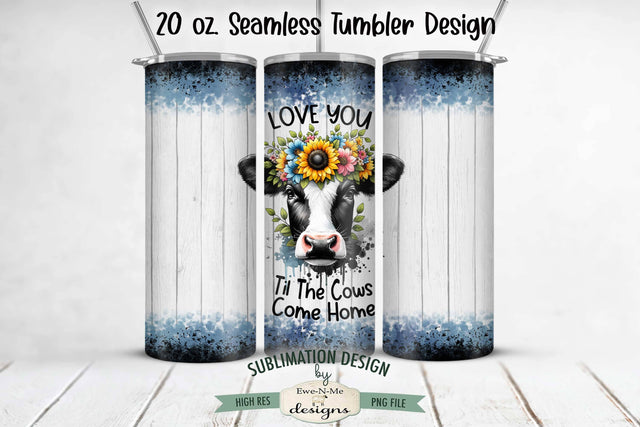 Black White Cow with Sunflowers 20oz Seamless Tumbler Wrap Sublimation Ewe-N-Me Designs 