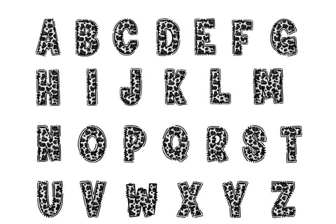 Black White Cowprint Alphabet PNG, Glitter Doodle Letters Sublimation BijouBay 