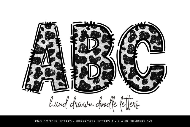 Black White Cowprint Alphabet PNG, Glitter Doodle Letters Sublimation BijouBay 
