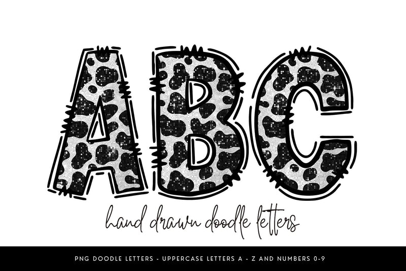Black White Cowprint Alphabet PNG, Glitter Doodle Letters Sublimation BijouBay 