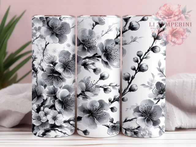Black & White Elegant Floral Tumbler, Floral Tumbler Wrap, 20oz Skinny Tumbler, Flower PNG Sublimation, Monochrome Tumbler Design, Elegant Floral Wrap, Botanical Tumbler PNG Sublimation Li Zamperini 