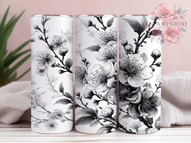 Black & White Elegant Floral Tumbler, Floral Tumbler Wrap, 20oz Skinny Tumbler, Flower PNG Sublimation, Monochrome Tumbler Design, Elegant Floral Wrap, Botanical Tumbler PNG Sublimation Li Zamperini 